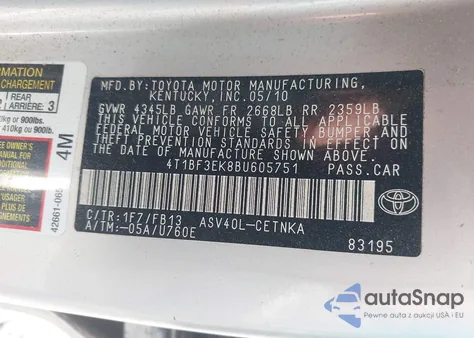 2011 Toyota Camry из США, поврежденный, VIN 4T1BF3EK8BU605751
